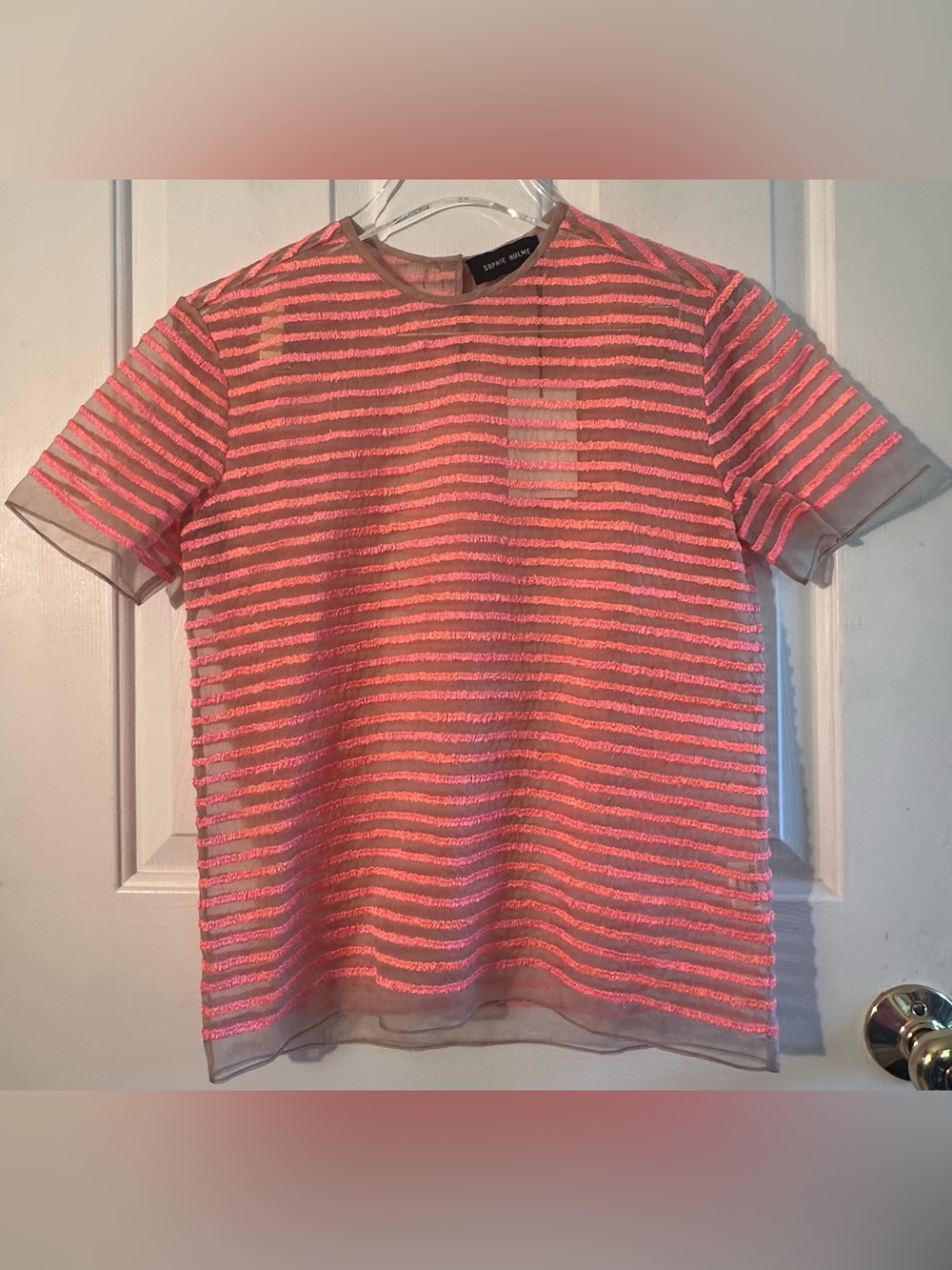 SOPHIE HULME Luxury Old Money XS 100% SILK Embroidered Stripe Nude Pink T Shirt